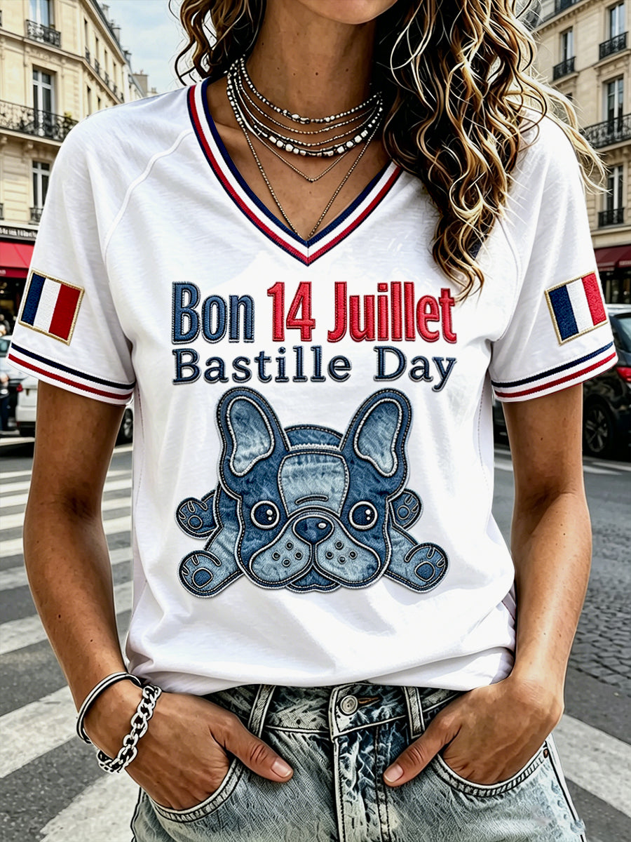 T-shirt décontracté à col en V pour femme, motif patchwork bouledogue français, fête nationale du 14 juillet
