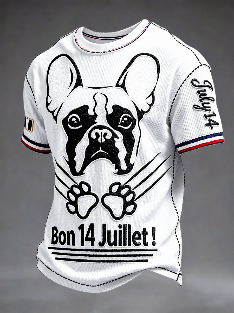 T-shirt décontracté blanc pour hommes, motif patchwork bouledogue français, fête nationale française (14 juillet)