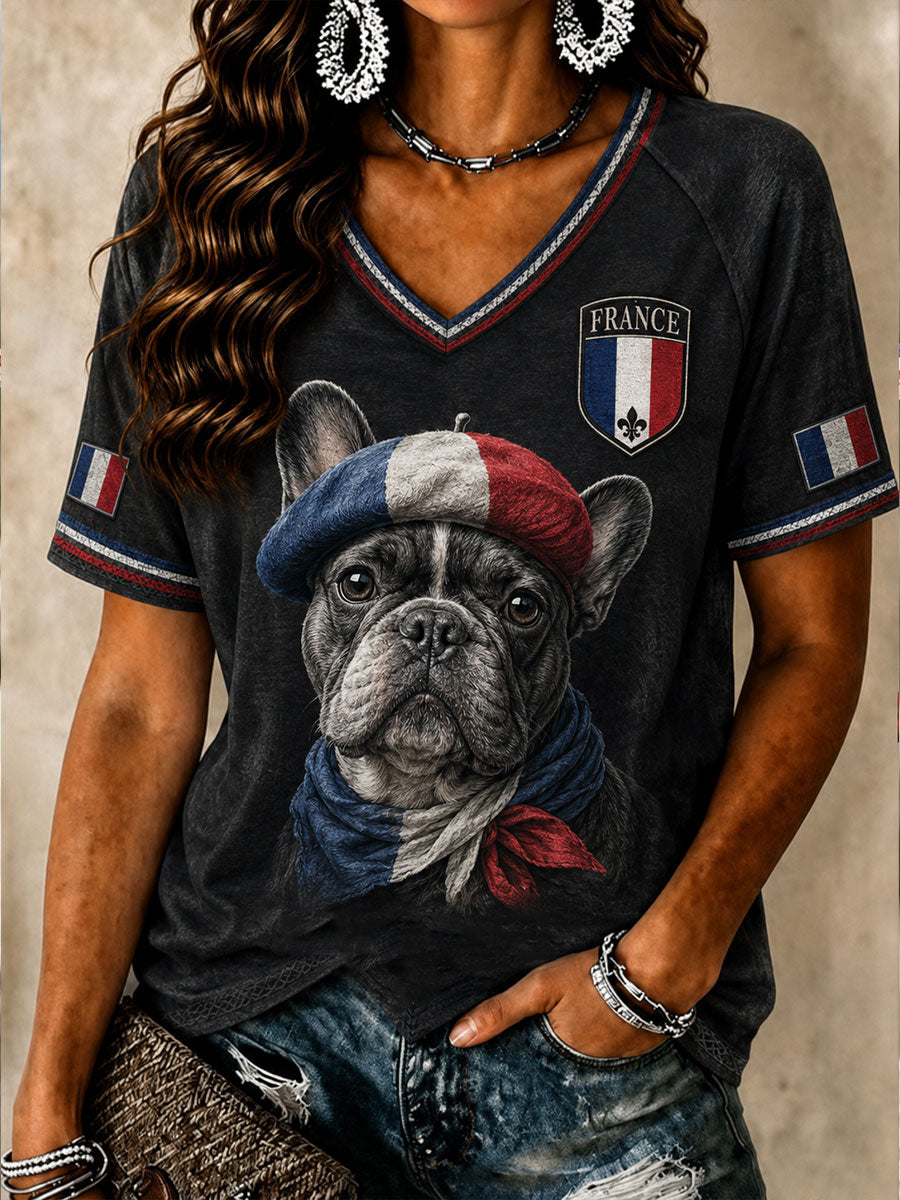 T-shirt col en V pour femme, modèle Bouledogue français