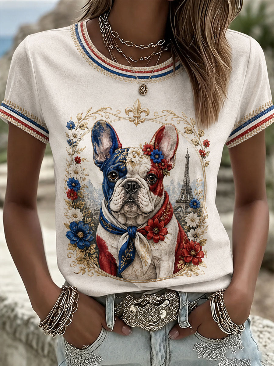 T-shirt à manches courtes pour femme, motif bouledogue français