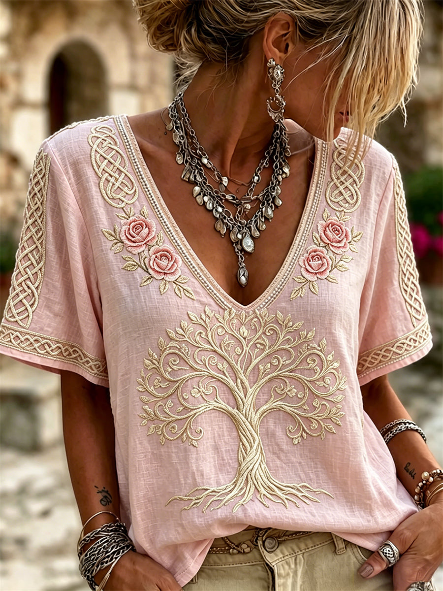 Tee-shirt femme rose roses chic arbre de vie noeud celtique en lin à manches courtes