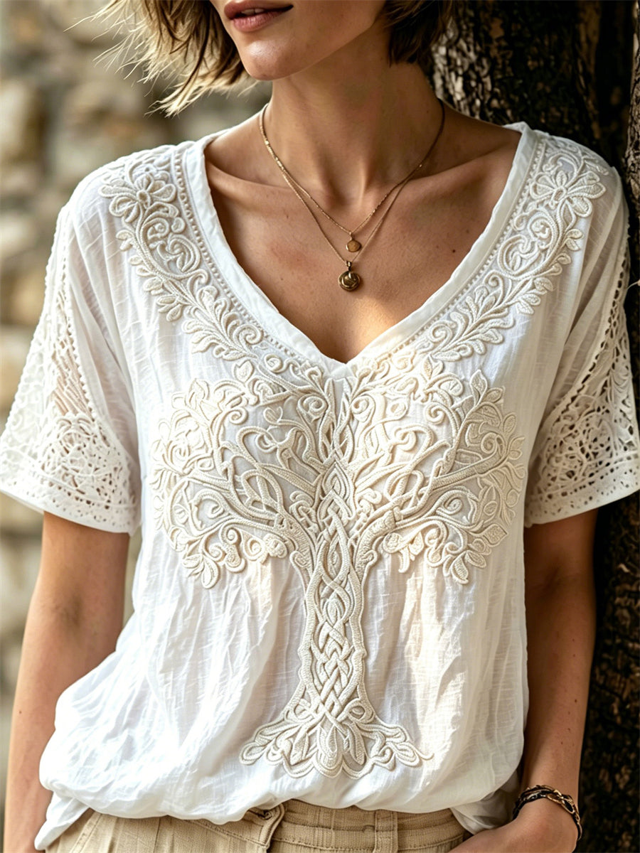 T-shirt femme chic arbre de vie en dentelle florale noeud celtique imprimé lin à manches courtes