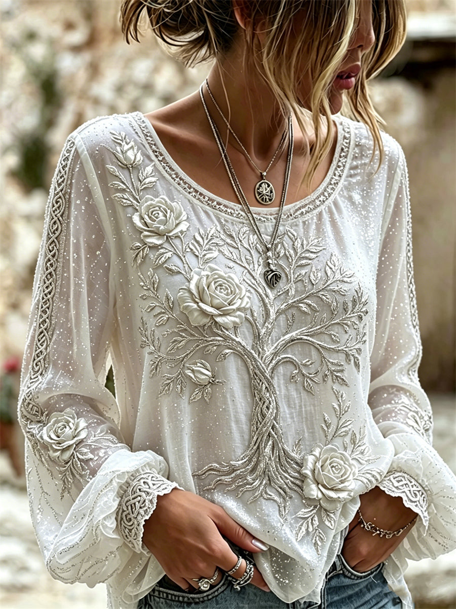 Chemise Femme Classy Roses Viking Arbre de Vie Neud Celtique Imprimé Coton-Lin