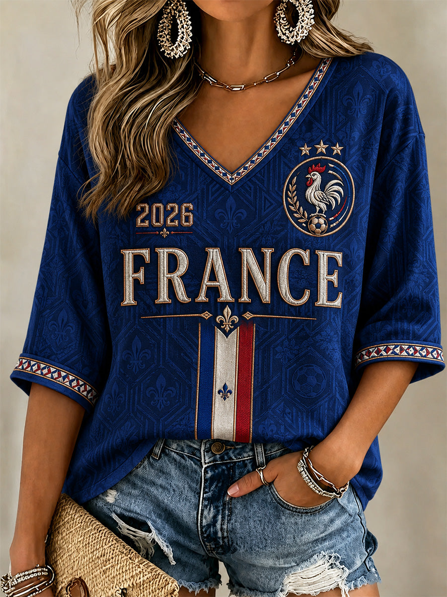 Cadeau pour femmes, fan de football, t-shirt décontracté à col en V avec imprimé