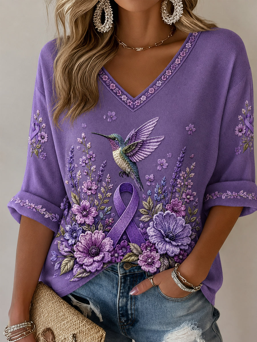 T-shirt à manches mi-longues et col en V pour femmes, imprimé floral violet et colibri, soutien à la sensibilisation à la maladie d’Alzheimer