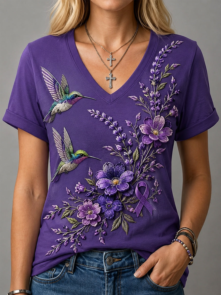 T-shirt à col en V violet à imprimé floral et colibri pour femmes, soutien de sensibilisation à la maladie d'Alzheimer