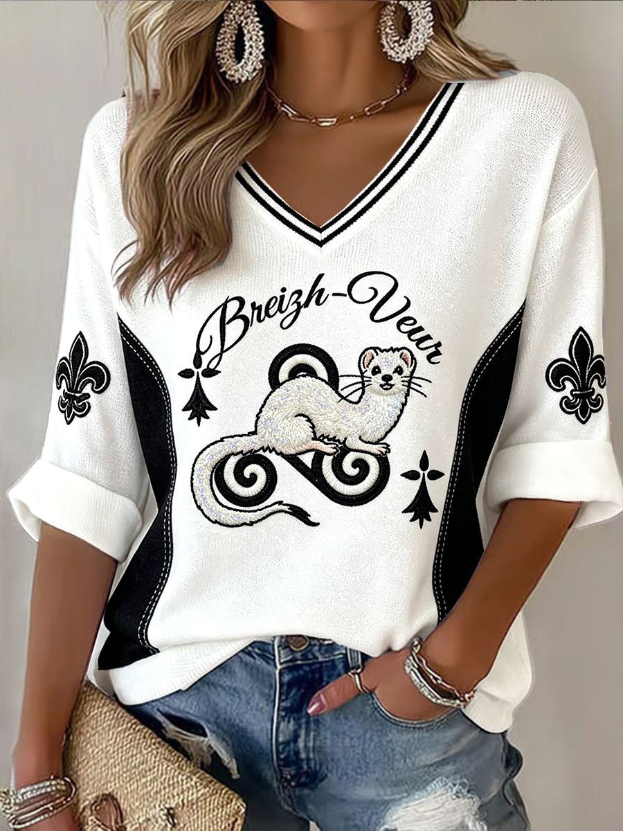 T-shirt décontracté à col en V pour femme, style breton français, imprimé hermine blanche