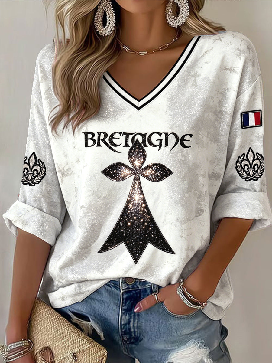 T-shirt décontracté à col en V pour femme, imprimé pailleté Bretagne française