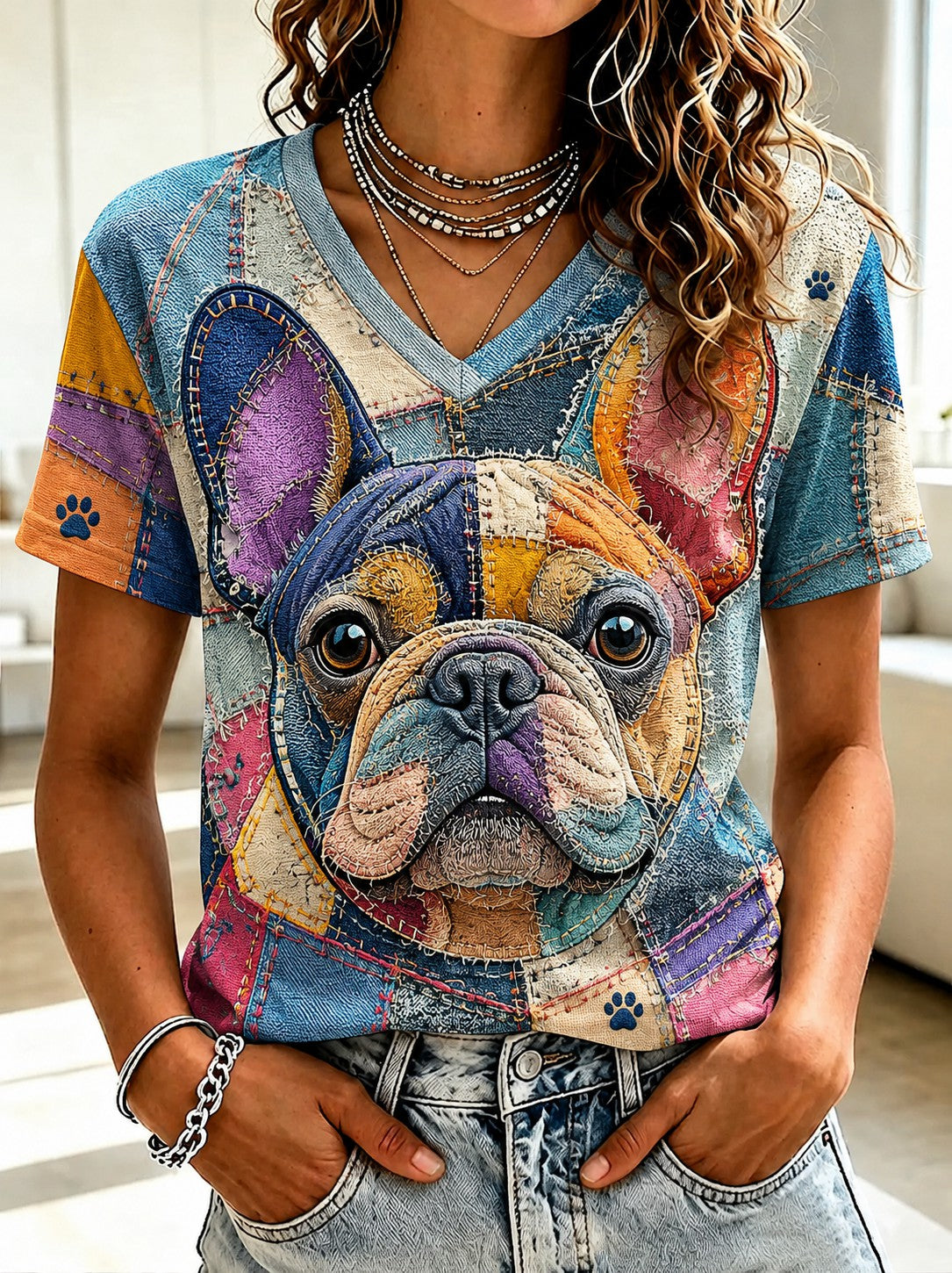T-shirt à col en V imprimé chien pour femme