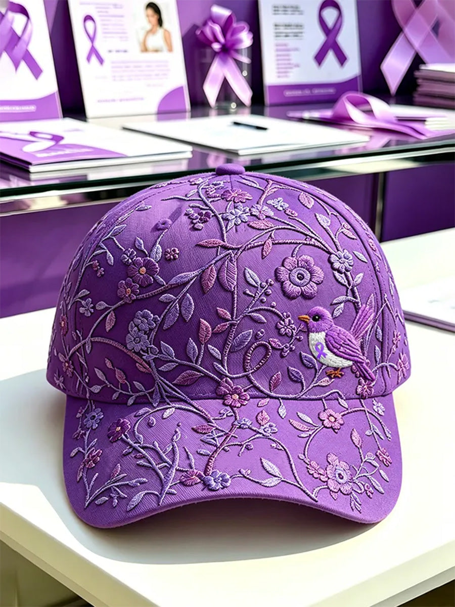 Chapeau unisexe de soutien de la conscience d'Alzheimer à imprimé floral et colibri violet