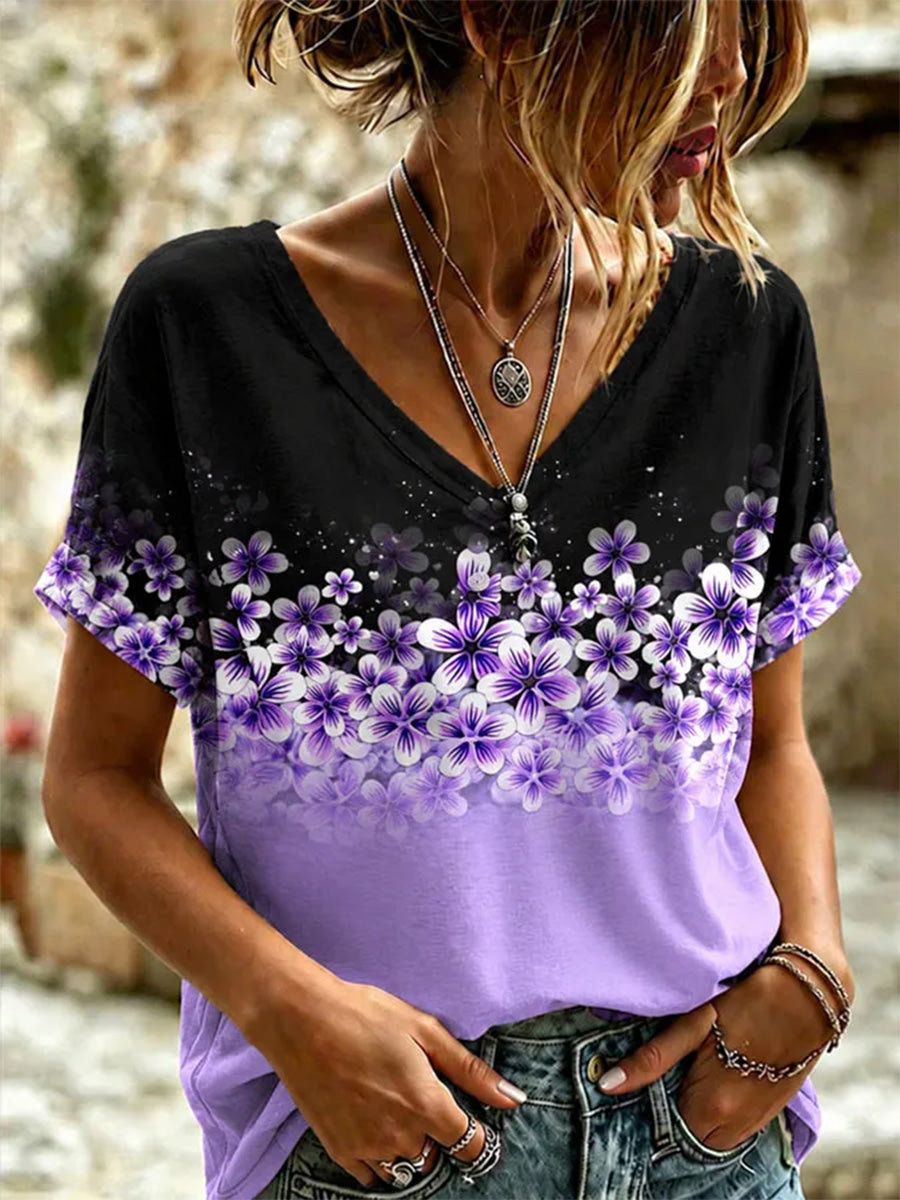 T-shirt violet à col en V imprimé floral et sensibilisation à la maladie d'Alzheimer pour femmes