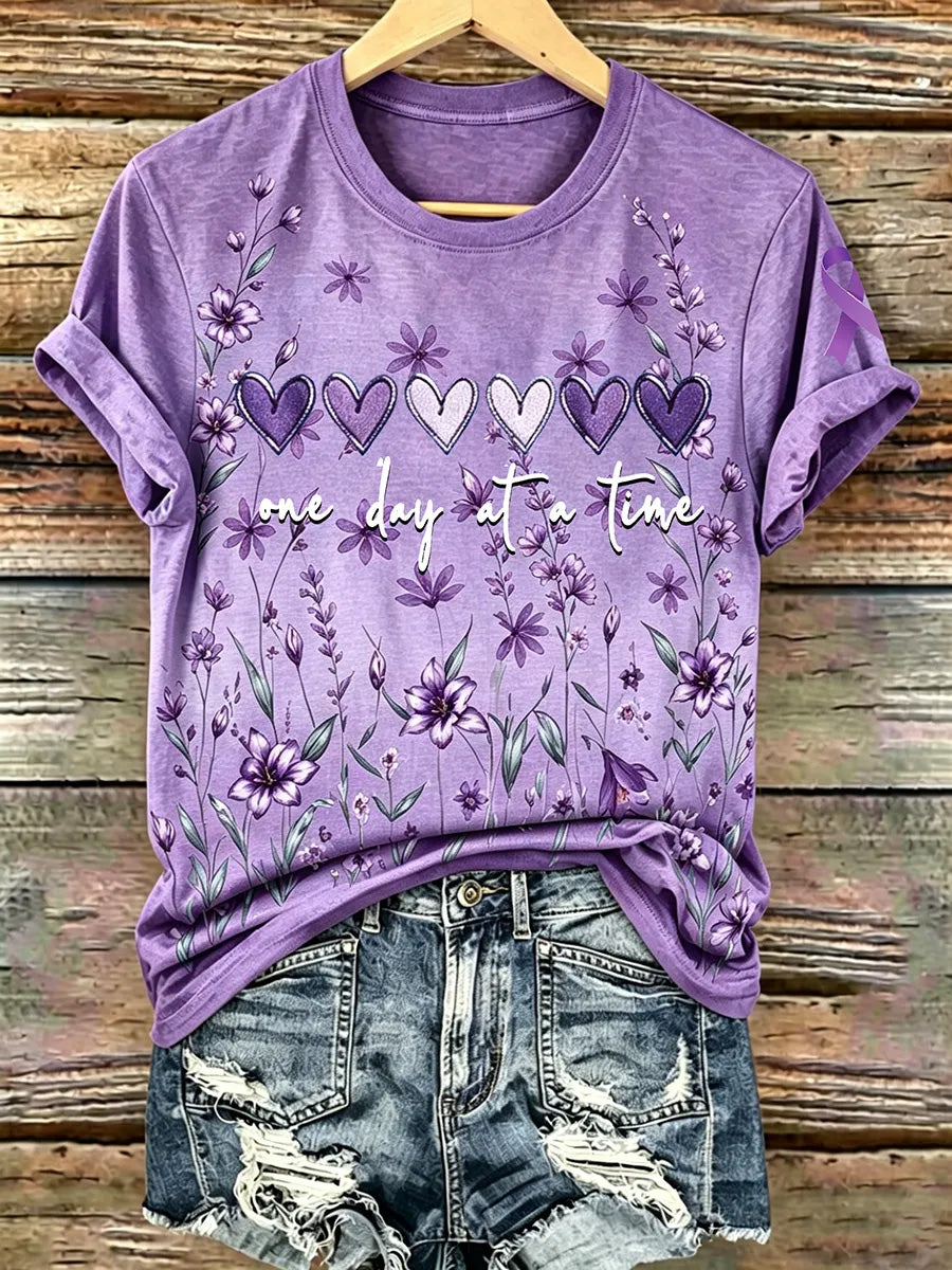 T-shirt à imprimé floral et sensibilisation à la maladie d'Alzheimer pour femmes