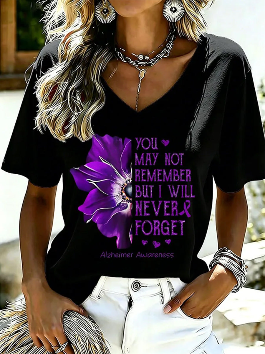 T-shirt à col en V pour femmes, imprimé floral violet et de sensibilisation à la maladie d’Alzheimer