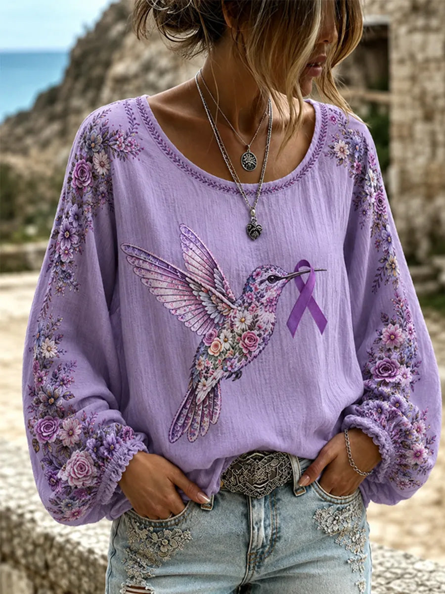 Haut à manches longues de soutien de la conscience de la maladie d'Alzheimer à imprimé floral et colibri violet pour femme