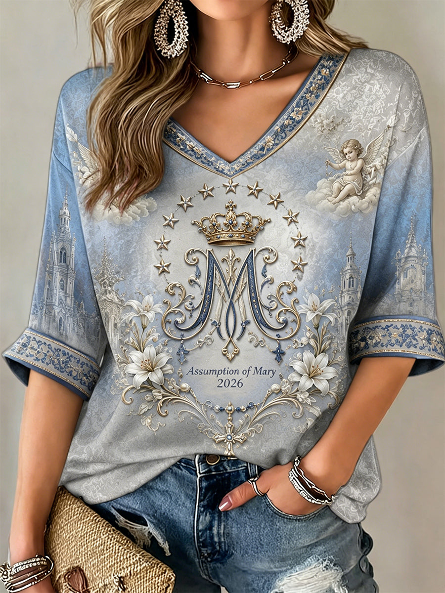 T-shirt pour femme à manches mi-longues et col en V, dédié à l’Assomption de Marie
