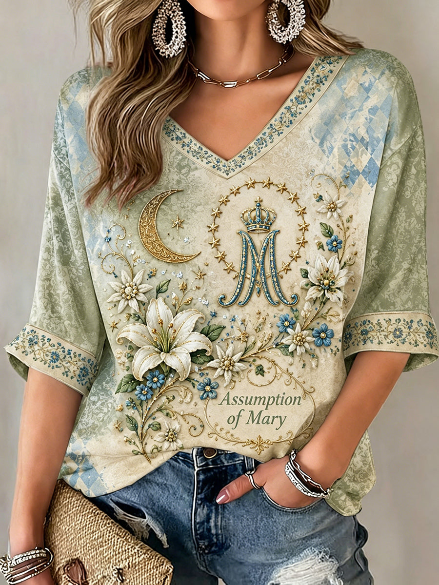 T-shirt pour femme à manches mi-longues et col en V, dédié à l’Assomption de Marie