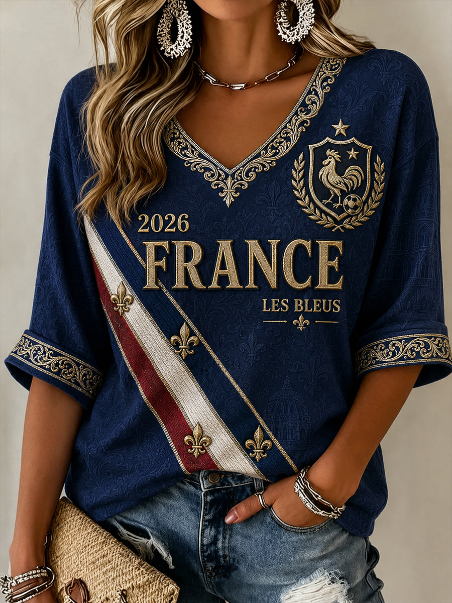 Chemise en lin à col V pour femmes, motif football français