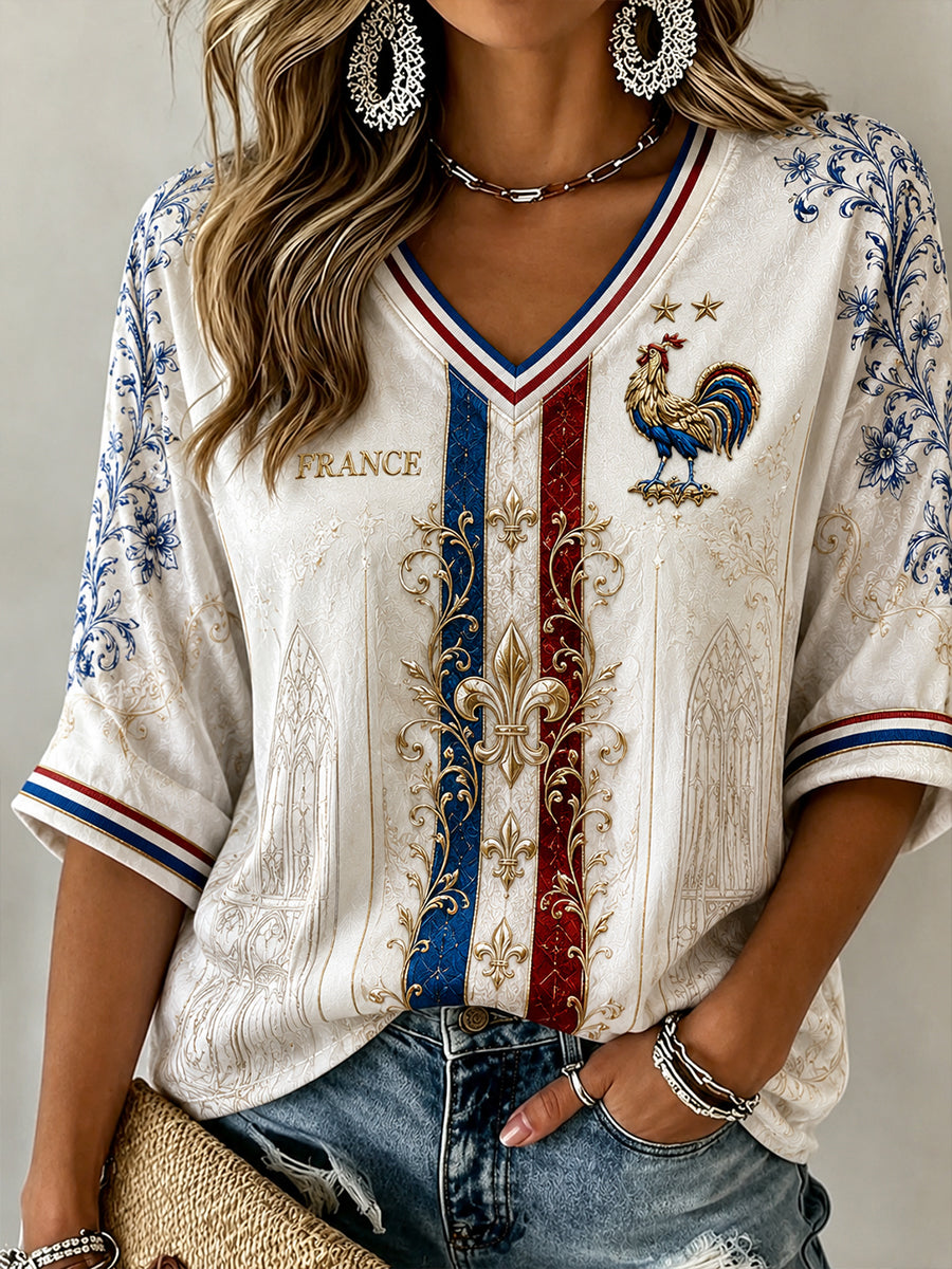 Chemise en lin à col V pour femmes, motif football français