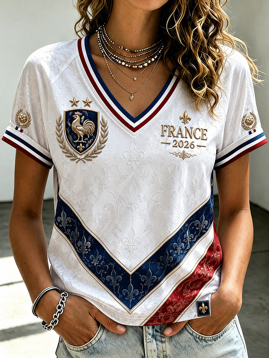 T-shirt femme de football français à col en V et épaules dénudées, manches courtes