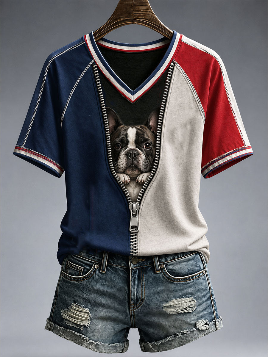 T-shirt col en V pour femme, modèle Bouledogue français