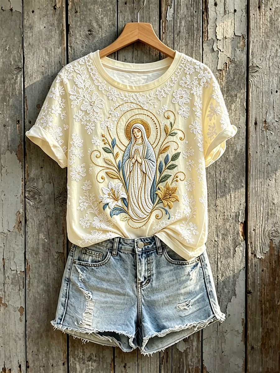 T-shirt Femme Vintage Vierge Marie Imprimé Floral Faith à manches courtes