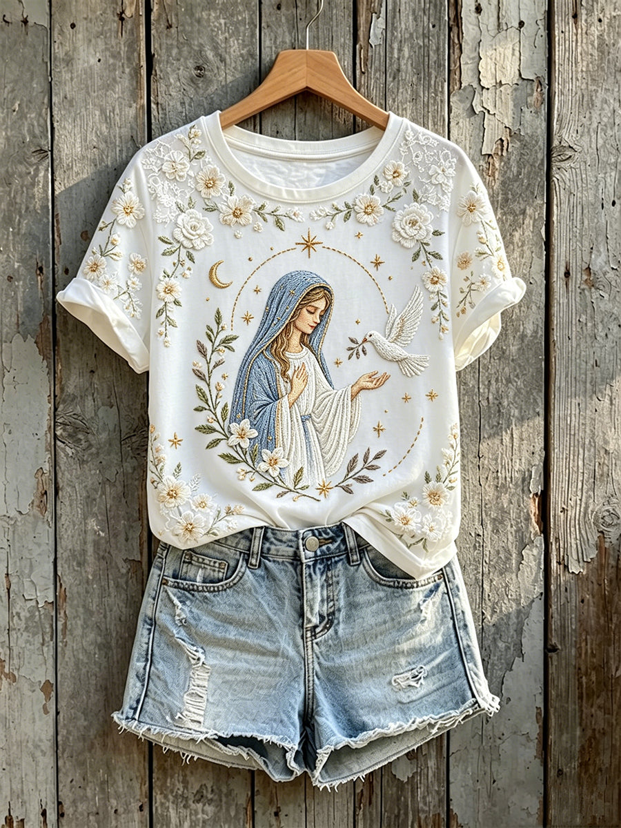 T-shirt à manches courtes femme chic vierge marie imprimé floral