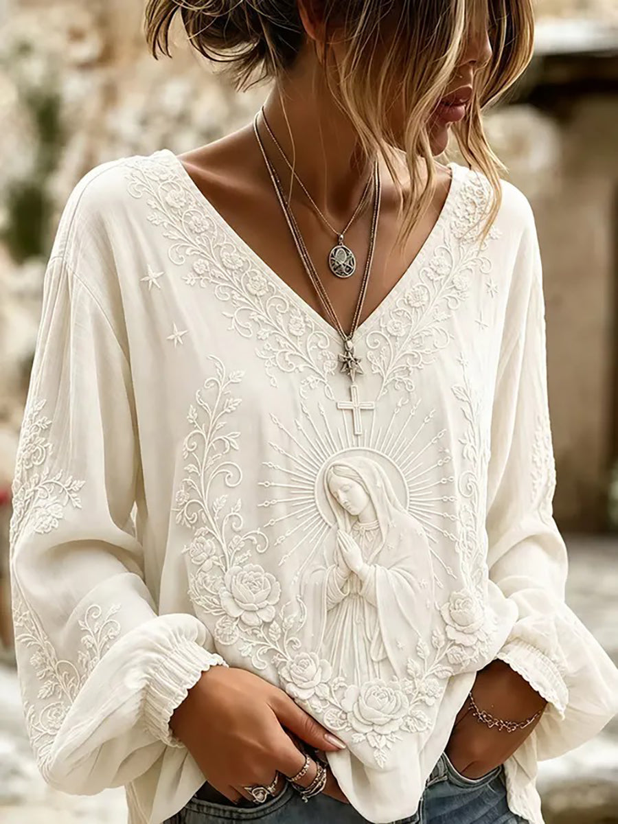 Chemise bohème pour femme en coton-lin, imprimé croix de foi
