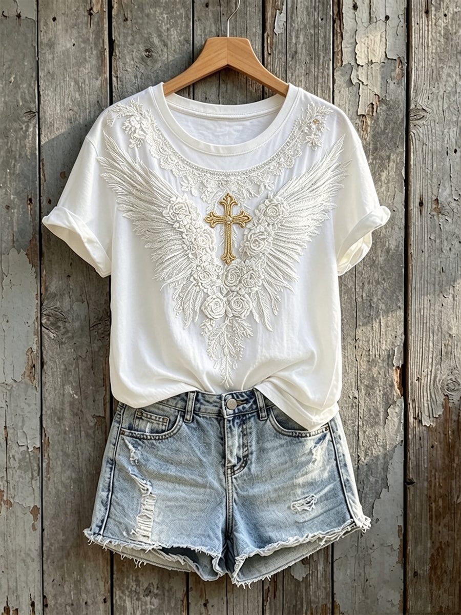 T-shirt à manches courtes Vintage Floral Wings Cross Print Femme