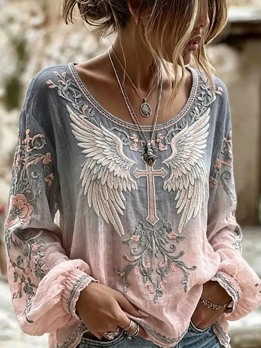 Chemise Femme Boho Faith Cross Print Coton-Lin