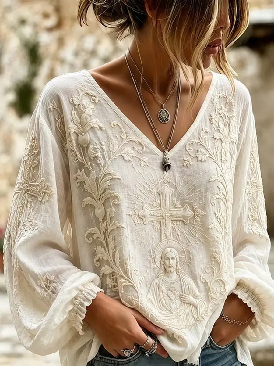 Chemise bohème pour femme en coton-lin, imprimé croix de foi