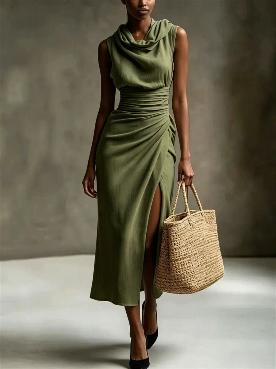 Femmes Chic Cowl Neck Side Slit Maxi Robe en lin
