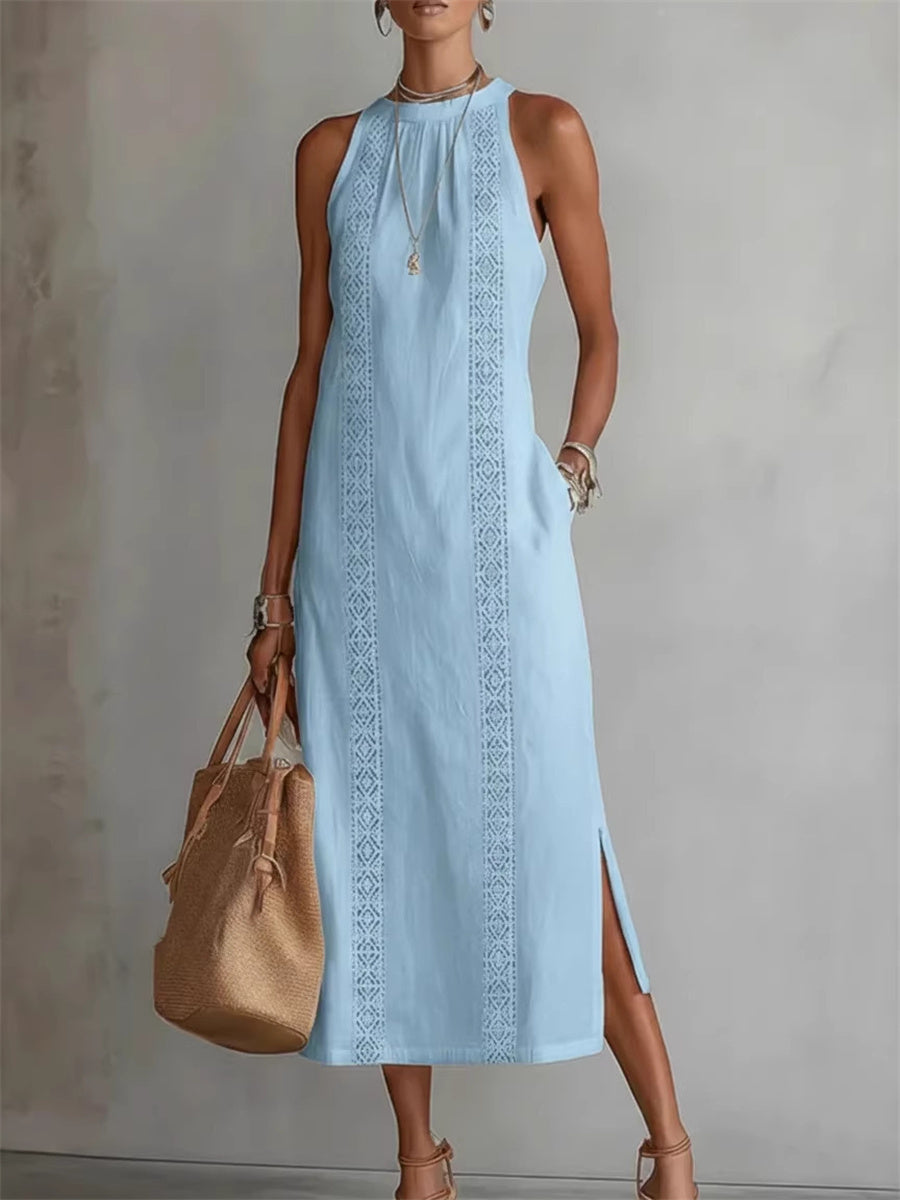 Robe maxi en lin sans manches à fente latérale simple chic pour femmes