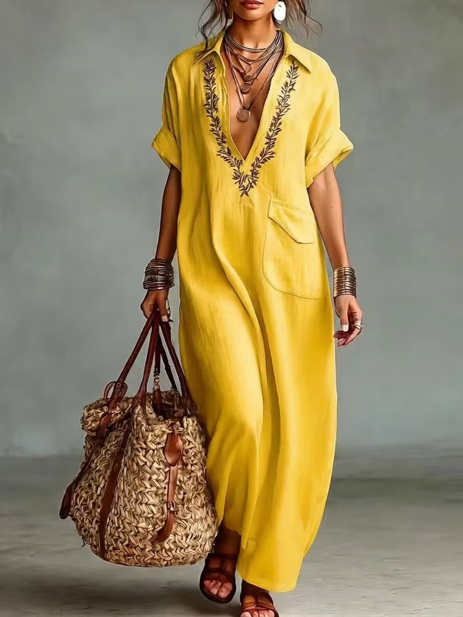 Vintage brodé rabat poche manches courtes lin Maxi robe des femmes