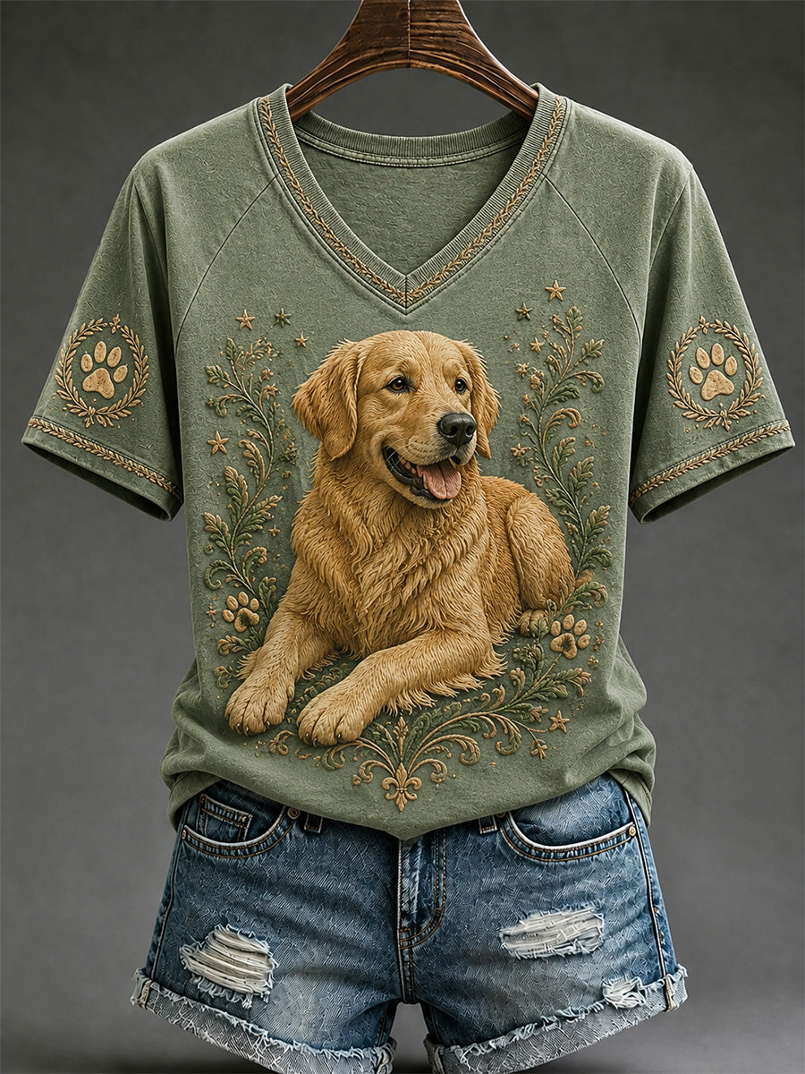 T-shirt décontracté à col en V pour femmes, imprimé chien rétro