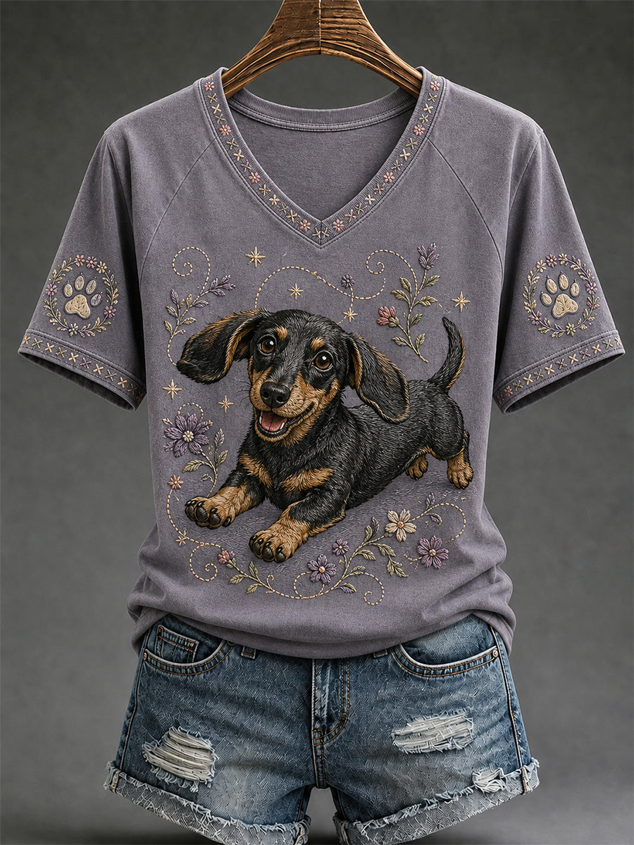 T-shirt décontracté à col en V pour femmes, imprimé chien rétro