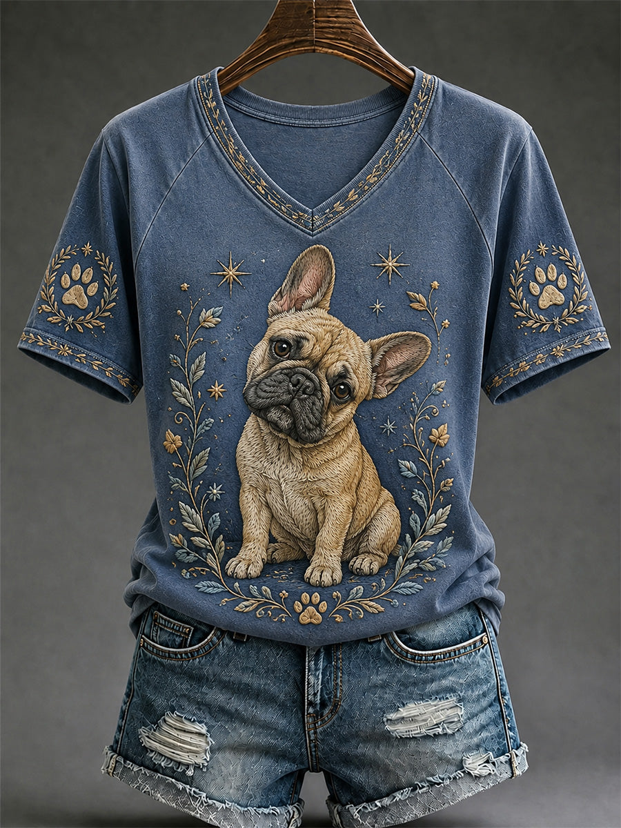 T-shirt décontracté à col en V pour femmes, imprimé chien rétro