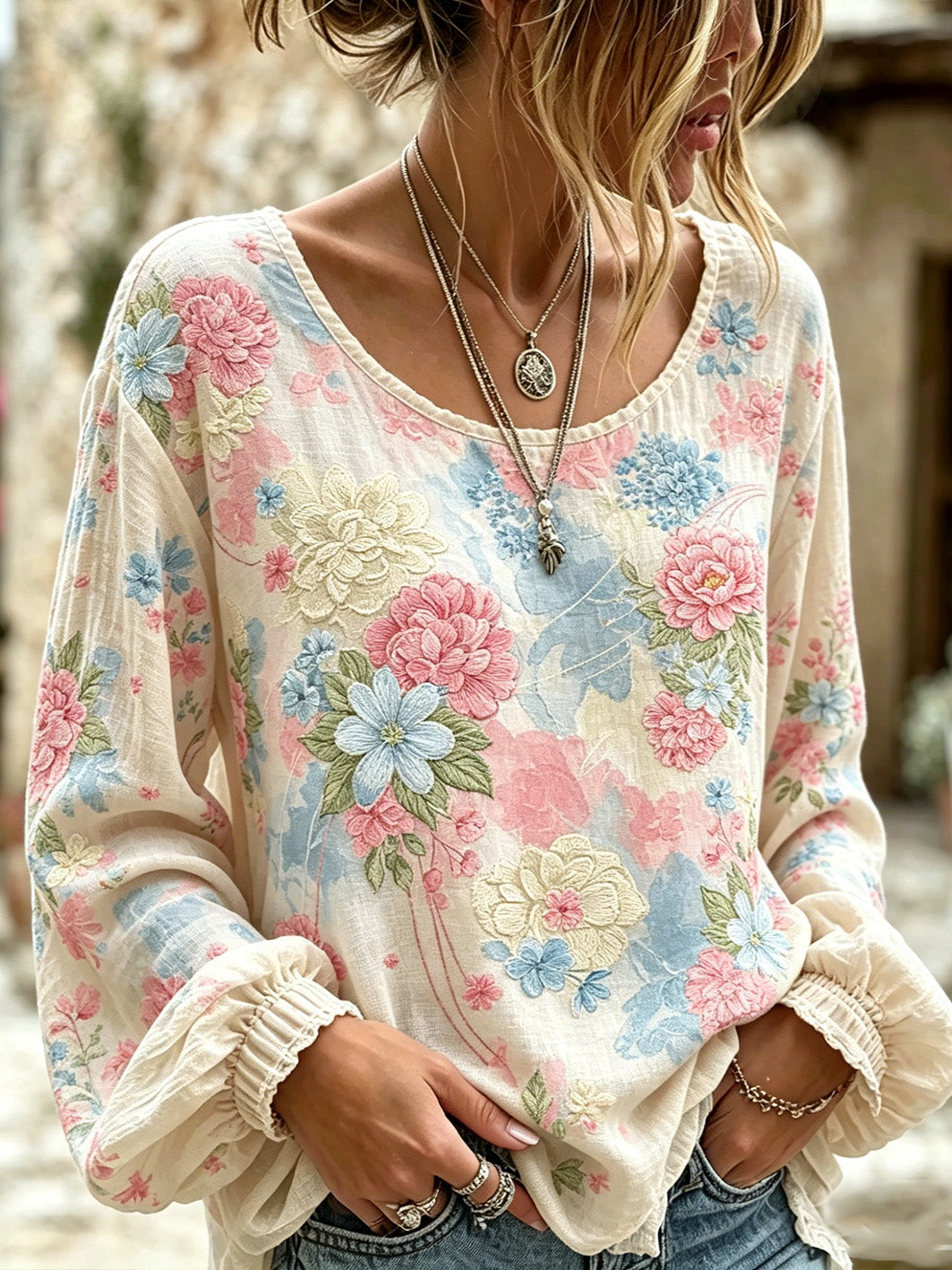 Chemise pour femme en coton et lin à imprimé floral rose