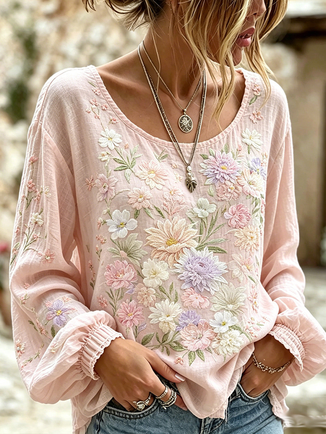 Chemise pour femme en coton et lin à imprimé floral rose