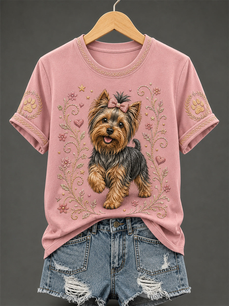 T-shirt décontracté rétro à imprimé floral et chien pour femme