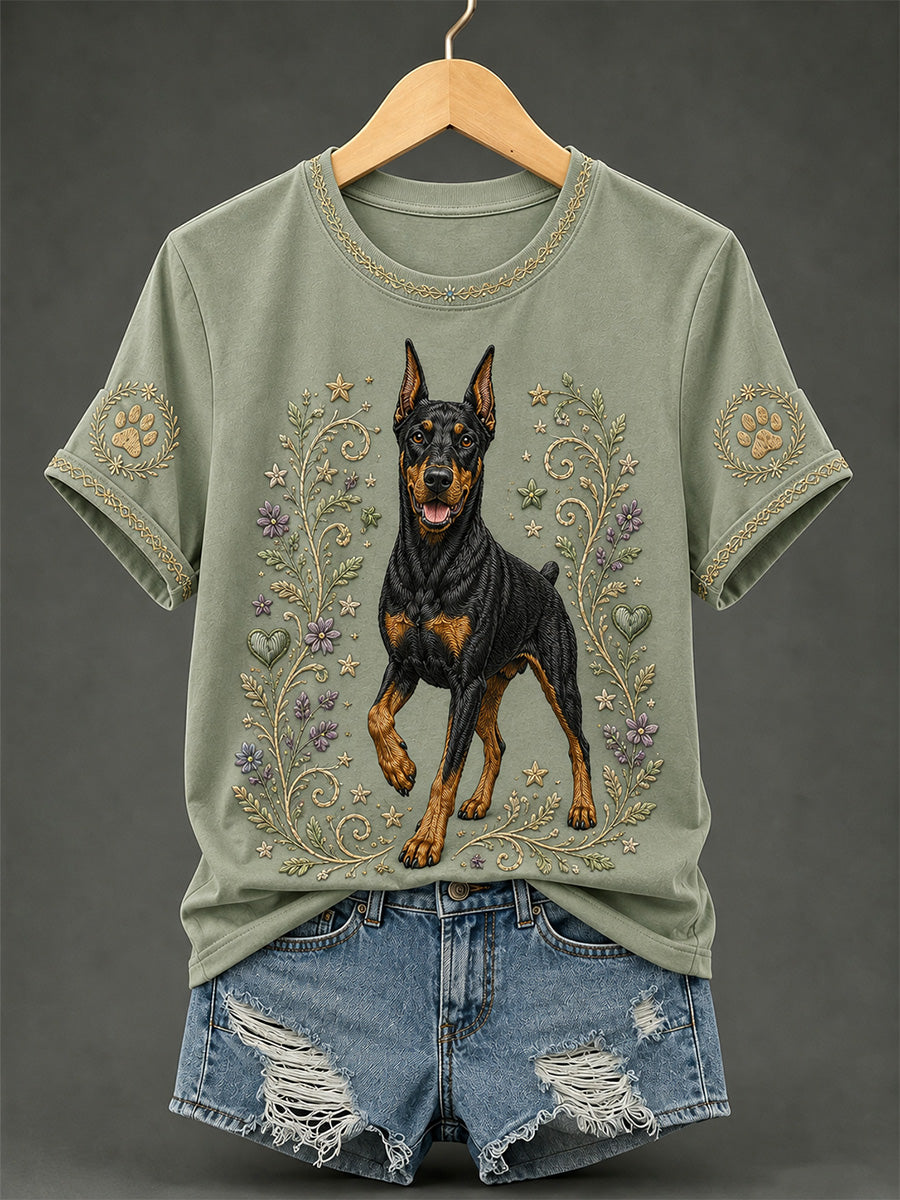 T-shirt décontracté rétro à imprimé floral et chien pour femme