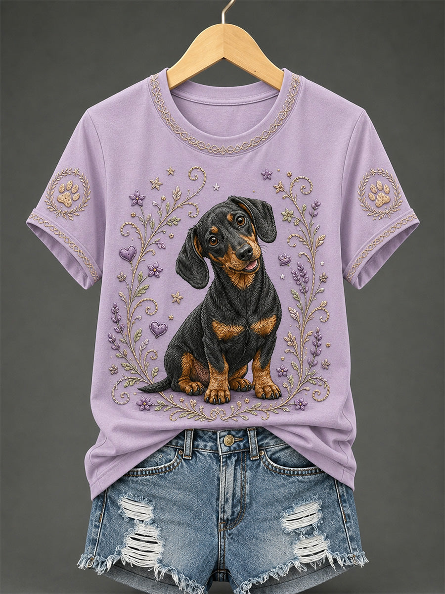 T-shirt décontracté rétro à imprimé floral et chien pour femme