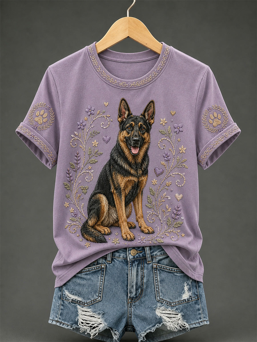 T-shirt décontracté rétro à imprimé floral et chien pour femme