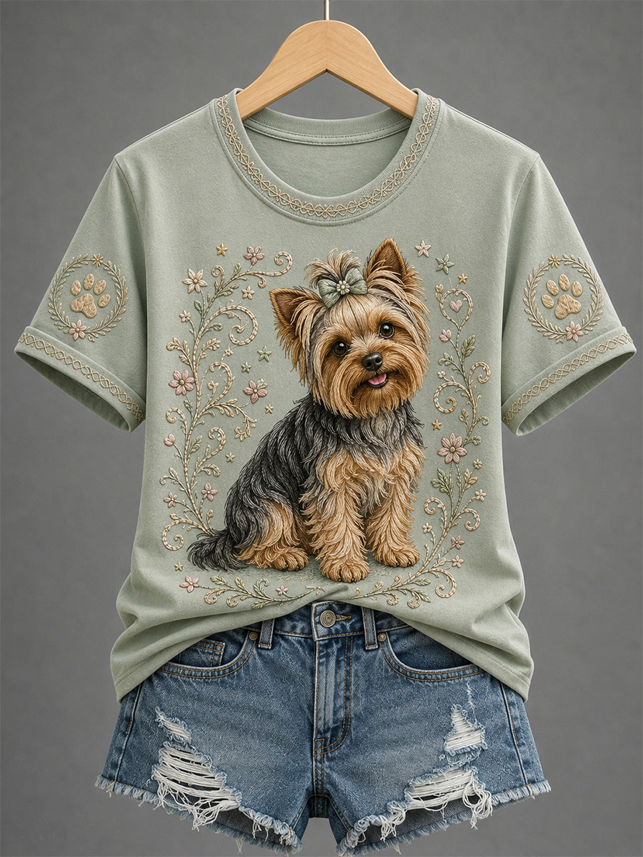 T-shirt décontracté rétro à imprimé floral et chien pour femme