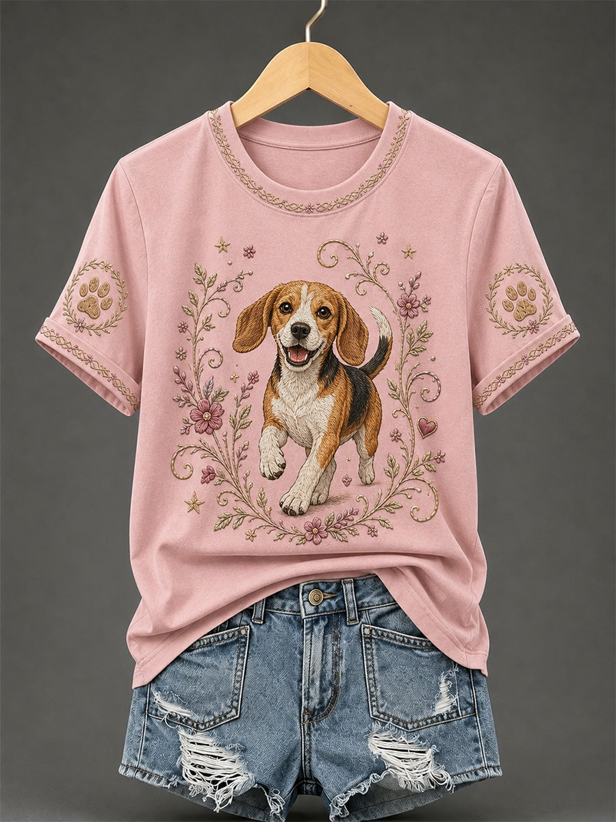 T-shirt décontracté rétro à imprimé floral et chien pour femme