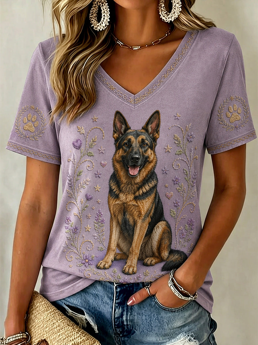 Rétro Floral Chien Imprimer Casual V-Neck Tee Femme