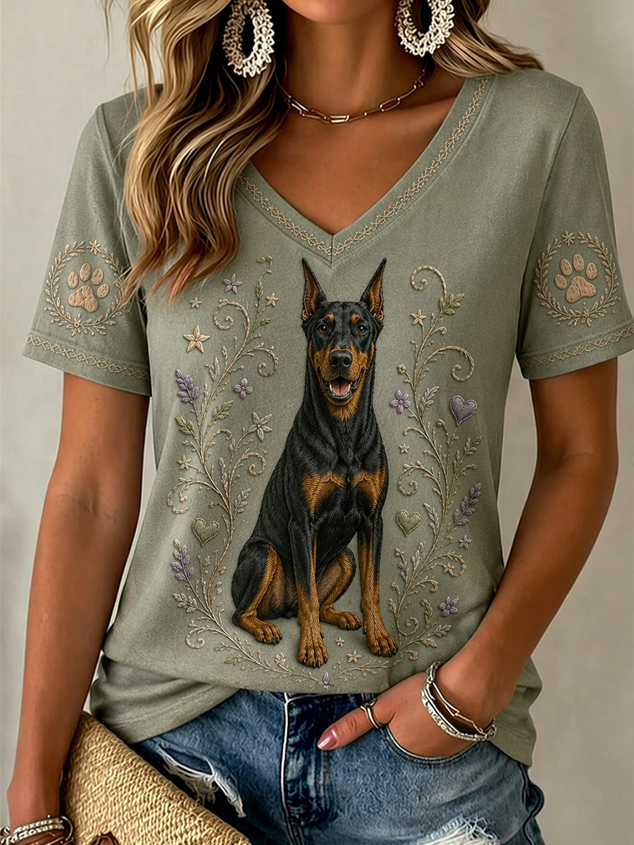 T-shirt décontracté à col en V pour femme, imprimé floral rétro avec motifs canins