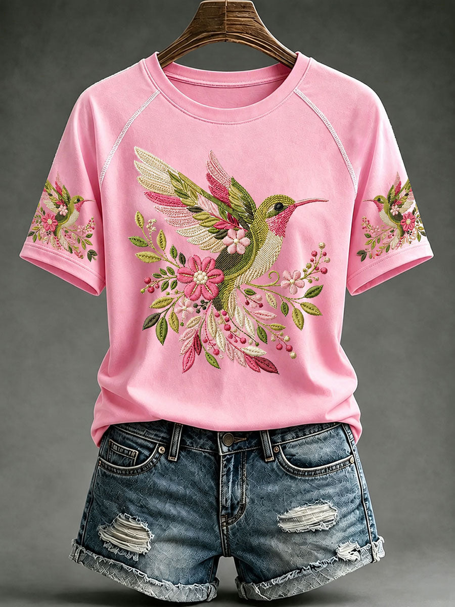 T-shirt décontracté rose pour femme à imprimé colibri