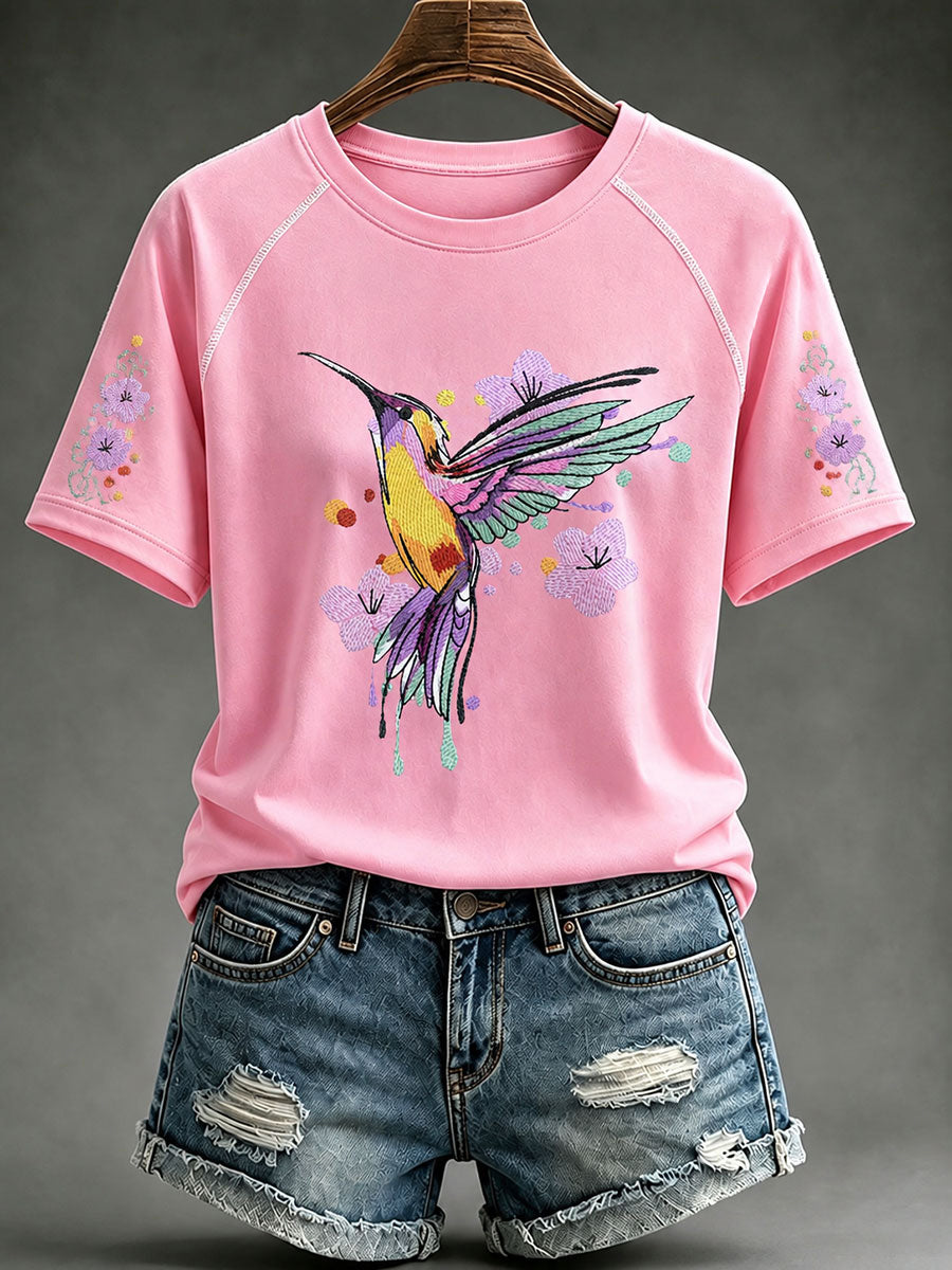T-shirt décontracté rose pour femme à imprimé colibri