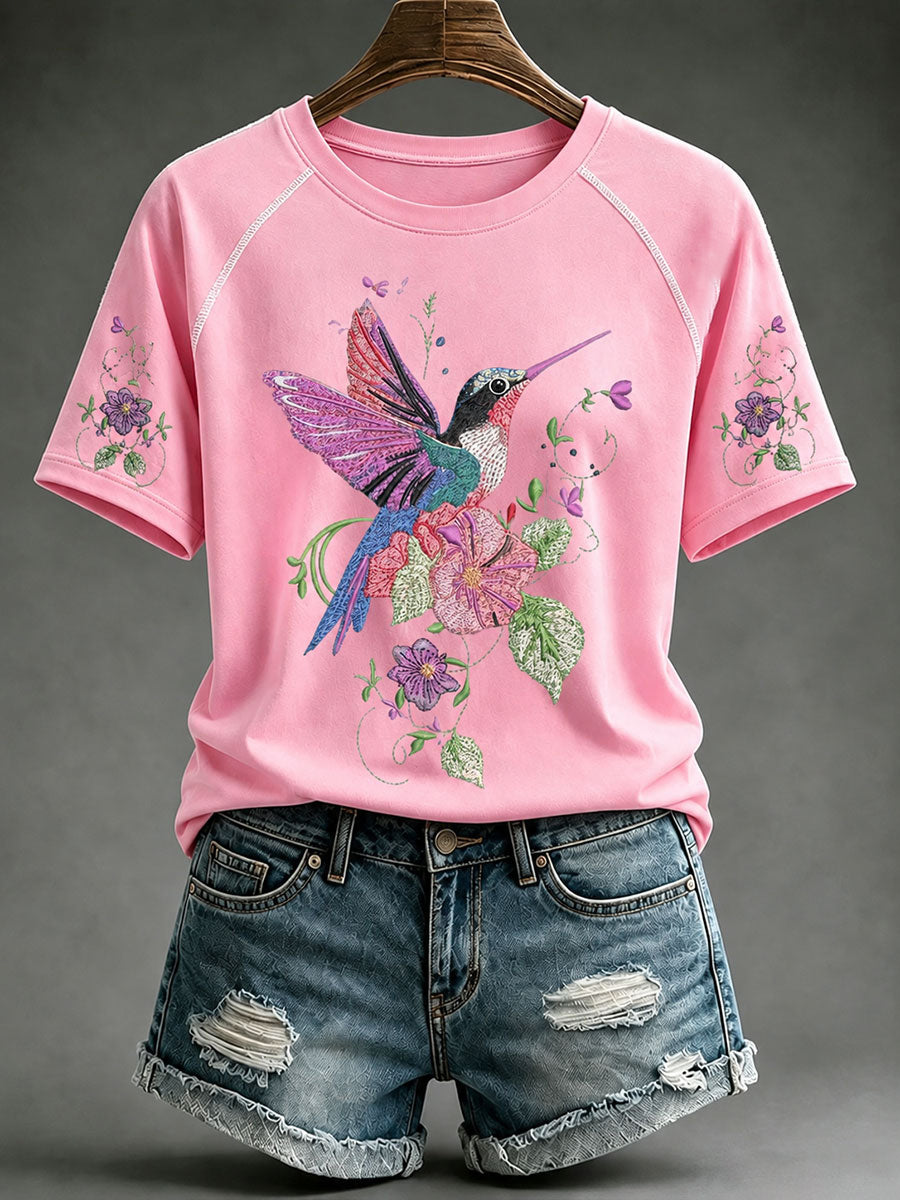T-shirt Décontracté Femme Imprimé Colibri Rose
