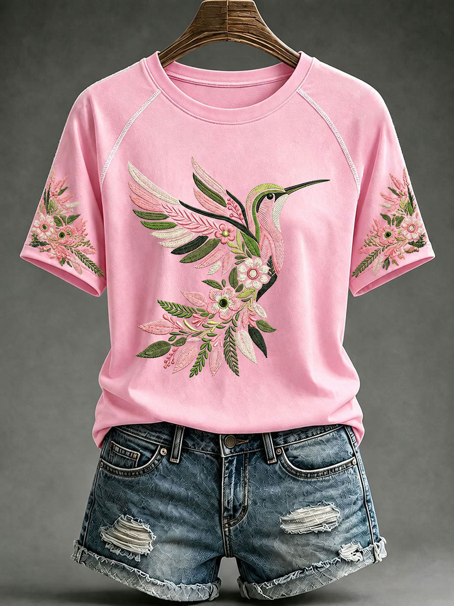 T-shirt décontracté rose pour femme à imprimé colibri